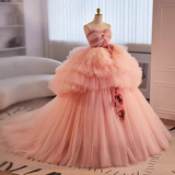 Vintage Ball Gown Strapless Pink Tulle Ruffles Sweet 16 Dresses HZ1024