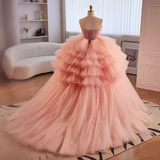 Vintage Ball Gown Strapless Pink Tulle Ruffles Sweet 16 Dresses HZ1024