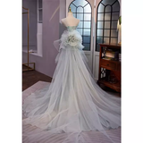 Vintage Mermaid Strapless Long Tulle Light Green Prom Dress HZ1024