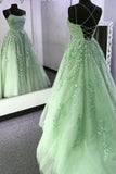 Simple A-Line Spaghetti Straps Lace Green Backless Long Prom Dress HZ1024