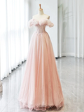 A-Line Off Shoulder Tulle Beads Pink Long Prom Dress HZ1024