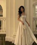 Modest A line Straps White Long Prom Dress HZ1024