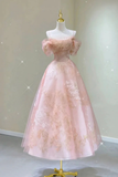 Modest A line Straps Pink Lace Ankle Length Prom Dress HZ1024