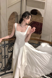 Modest A line Straps White Chiffon Prom Dress HZ1024