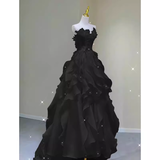 Fairy A Line Sleeveless Black Chiffon Long Floral Prom Dress HZ1024