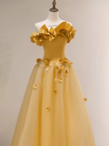 Fairy Ball Gown Sleeveless Yellow Long Floral Prom Dress HZ1024