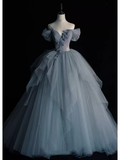 Fairy Ball Gown Off The Shoulder Gray Long Prom Dress HZ1024