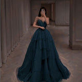 Elegant Ball Gown Straps Long Tulle Blue Prom Dress HZ1024