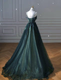 Elegant A line Dark Green Tulle Long Prom Dress HZ1024