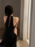 Charming Mermaid Halter Black Sequin Long Slit Prom Dress HZ1024