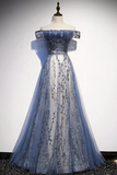 Charming A Line Off The Shoulder Blue Sequin Long Prom Dress HZ1024