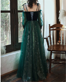 Simple A line Straps Long Sleeves Green Sequin Prom Dress HZ1024