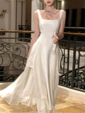 Vintage A line Straps White Long Prom Dress HZ1024