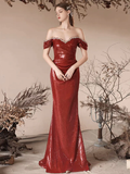 Simple Off Shoulder Sequin Mermaid Burgundy Long Prom Dress HZ1024