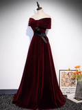 A-Line Off Shoulder Velvet Burgundy Long Prom Dress HZ1024