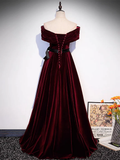 A-Line Off Shoulder Velvet Burgundy Long Prom Dress HZ1024