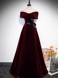 A-Line Off Shoulder Velvet Burgundy Long Prom Dress HZ1024