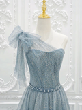 A-Line One Shoulder Tulle Sequin Gray Blue Long Prom Dress HZ1024