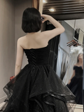 A-Line Sweetheart Neck Tulle Black Long Prom Dress HZ1024