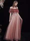 A-Line Off Shoulder Tulle Lace Burgundy Long Prom Dress HZ1024
