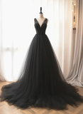 Simple A line Black V Neck Tulle Long Prom Dresses HZ1024