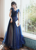 Navy Blue V-neckline Tulle Long Party Dress Prom Dress HZ1024