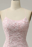 Modest Mermaid Spaghetti Straps Lace Pink Long Prom Dresses HZ1024