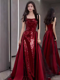 Simple A Line Burgundy Sequin Long Prom Dresses HZ1024