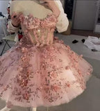 Vintage Short Pink Homecoming Dresses with Flowers HZ1024