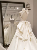 Vintage Ball Gown Scoop Neckline Backless White Long Wedding Dresses HZ1024