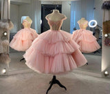 Ball Gown Puffy Straps Tiered Pink Tea Length Homecoming Dress HZ1024