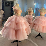 Ball Gown Puffy Straps Tiered Pink Tea Length Homecoming Dress HZ1024