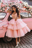 Ball Gown Puffy Straps Tiered Pink Tea Length Homecoming Dress HZ1024