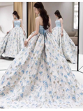 Simple Ball Gown Blue Satin Floral Long Prom Dresses HZ1024
