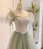 A line Short Sleeves Green Satin Tulle Long Prom Dress HZ1024