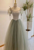 A line Short Sleeves Green Satin Tulle Long Prom Dress HZ1024