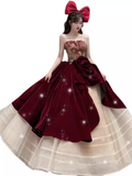 Simple Ball Gown Strapless Red Tulle Long Prom Dresses HZ1024
