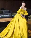 Simple Ball Gown Strapless Yellow Satin Long Prom Dresses HZ1024