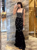 Mermaid Straps Black Tulle Beads Long Prom Dress HZ1024
