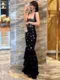 Mermaid Straps Black Tulle Beads Long Prom Dress HZ1024