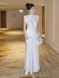 Sexy Mermaid Scoop Sleeveless White Long Prom Dress HZ1024
