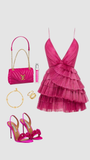 Unique Hot Pink Pleated V-neck Homecoming Dresses With Ruffle Skirt HZ1024