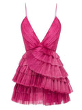 Unique Hot Pink Pleated V-neck Homecoming Dresses With Ruffle Skirt HZ1024