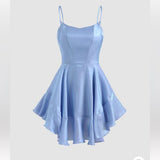 Unique A line Straps Blue Silk Satin Homecoming Dresses 21st Birthday Outfits HZ1024