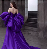 Simple A line Off The Shoulder Satin Grape Long Prom Dresses HZ1024