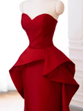 Modest Mermaid Strapless Red Satin Long Prom Dresses HZ1024