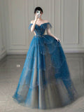 Modest A line Off The Shoulder Cap Sleeves Tulle Beads Royal Blue Prom Dress HZ1024
