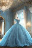 Modest Ball Gown Off The Shoulder Tulle Long Light Sky Blue Formal Sweet 16 Dress Prom Dresses HZ1024