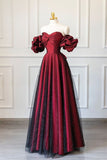 Vintage A line Off The Shoulder Burgundy Tulle Long Evening Dress Prom Dresses HZ1024