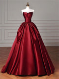 Vintage A line Strapless Burgundy Satin Long Evening Dress Prom Dresses HZ1024